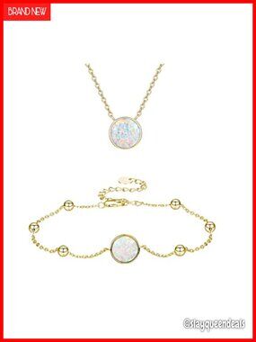 925 Sterling Silver Opal Necklace Bracelet Set Yellow Gold Plated